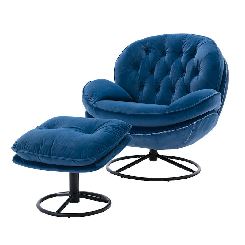 Blue Velvet Swivel Accent Chair with Ottoman – 1-Seat, No Armrest, Black Metal Legs