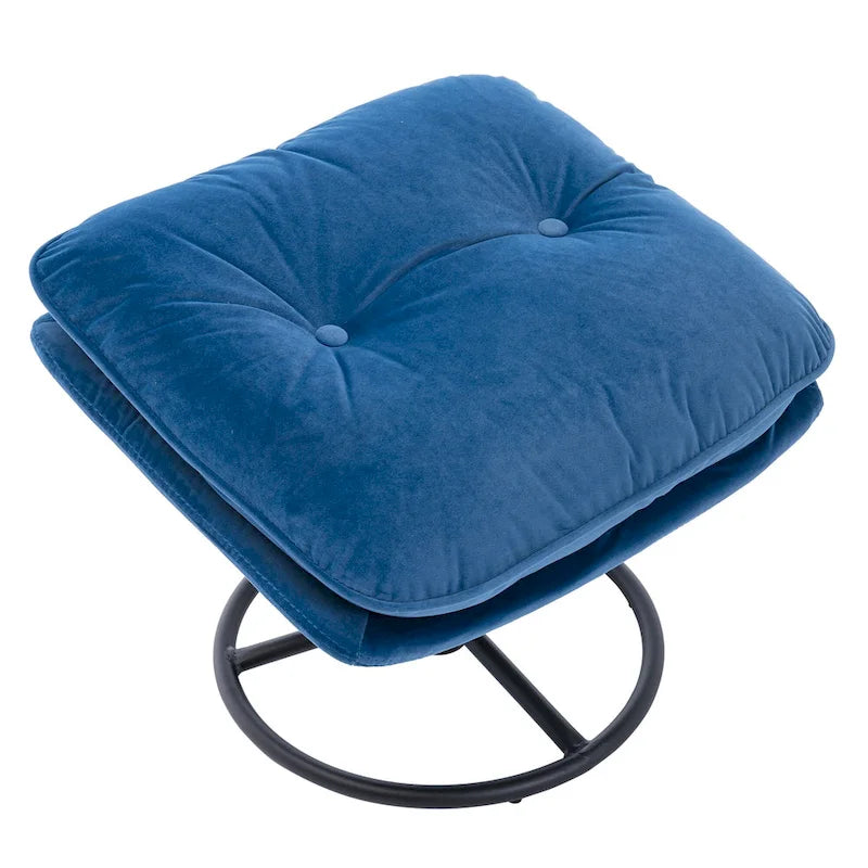 Blue Velvet Swivel Accent Chair with Ottoman – 1-Seat, No Armrest, Black Metal Legs