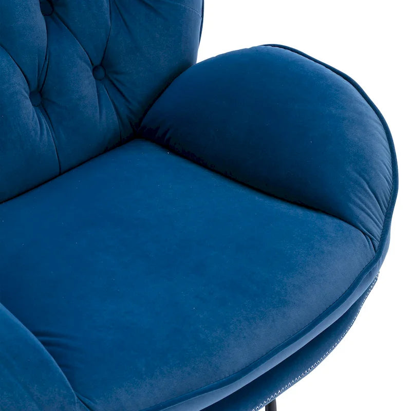 Blue Velvet Swivel Accent Chair with Ottoman – 1-Seat, No Armrest, Black Metal Legs