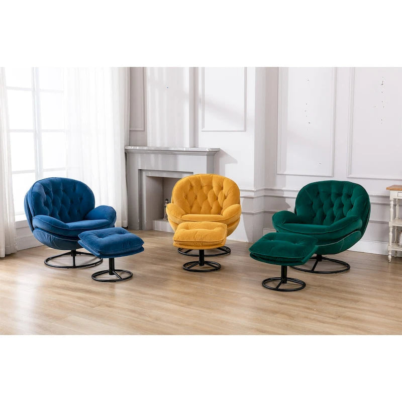 Blue Velvet Swivel Accent Chair with Ottoman – 1-Seat, No Armrest, Black Metal Legs