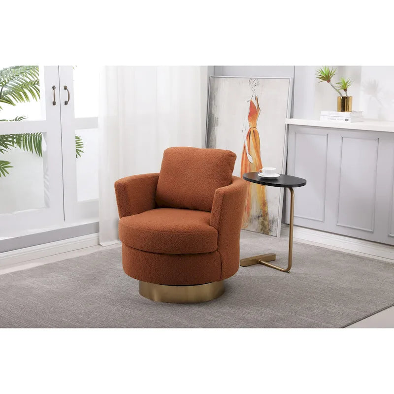 Brown Swivel Barrel Chair, Gold Base, 1-Seat