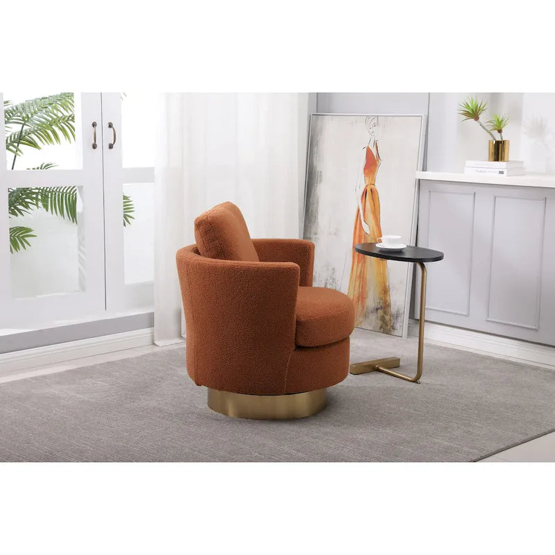 Brown Swivel Barrel Chair, Gold Base, 1-Seat