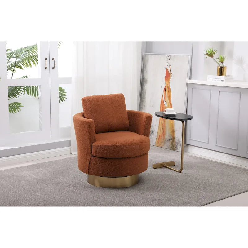 Brown Swivel Barrel Chair, Gold Base, 1-Seat