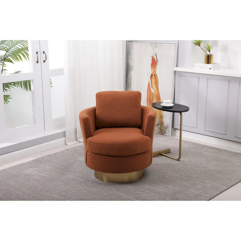 Brown Swivel Barrel Chair, Gold Base, 1-Seat
