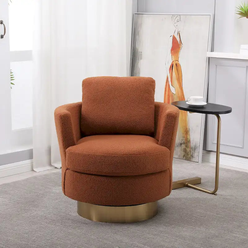 Brown Swivel Barrel Chair, Gold Base, 1-Seat