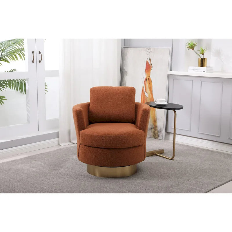 Brown Swivel Barrel Chair, Gold Base, 1-Seat
