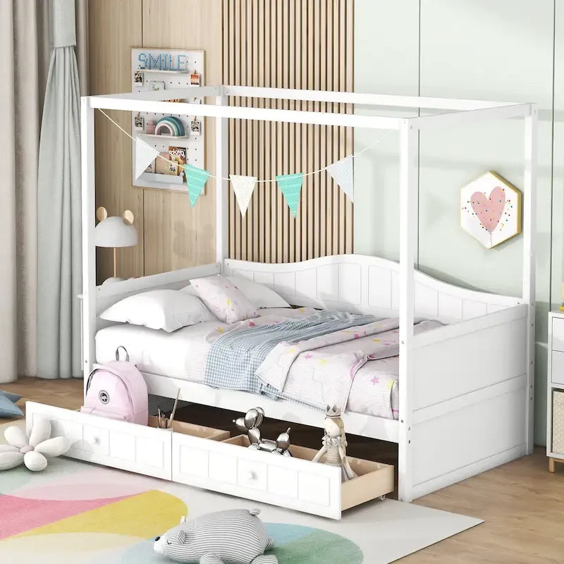 Gray / White Twin Canopy Daybed Frame with 2 Storage Drawers