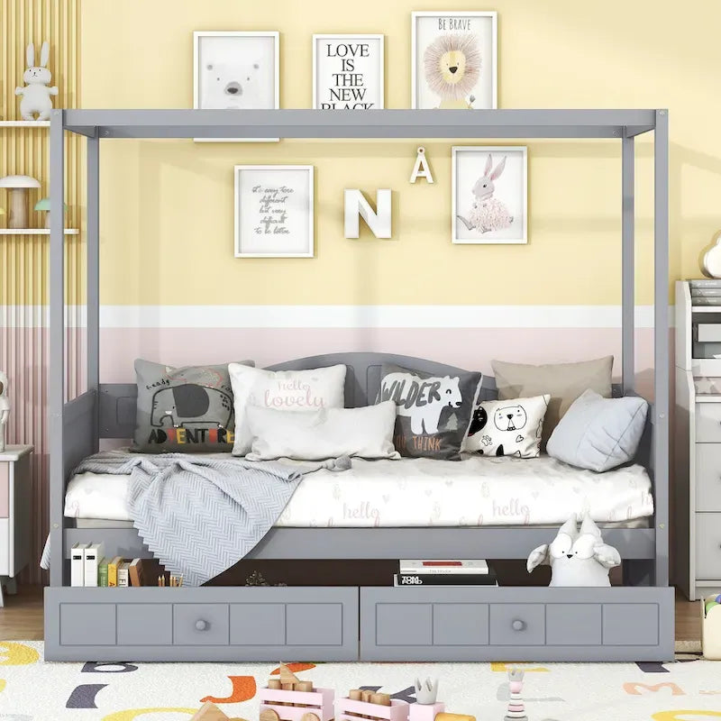 Gray / White Twin Canopy Daybed Frame with 2 Storage Drawers