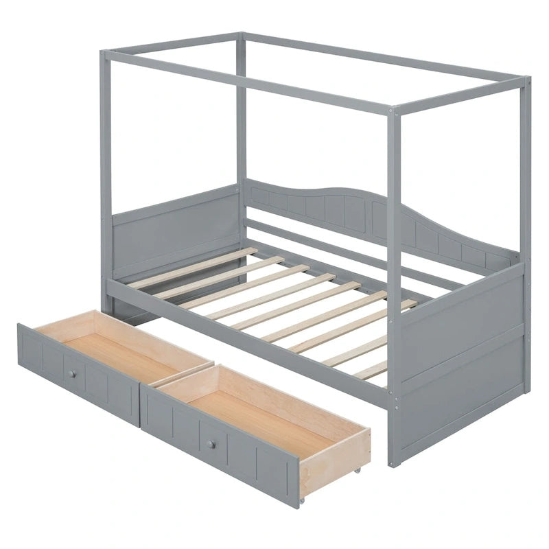 Gray / White Twin Canopy Daybed Frame with 2 Storage Drawers