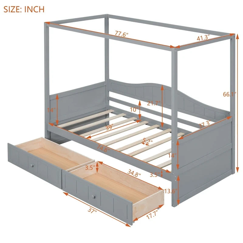 Gray / White Twin Canopy Daybed Frame with 2 Storage Drawers
