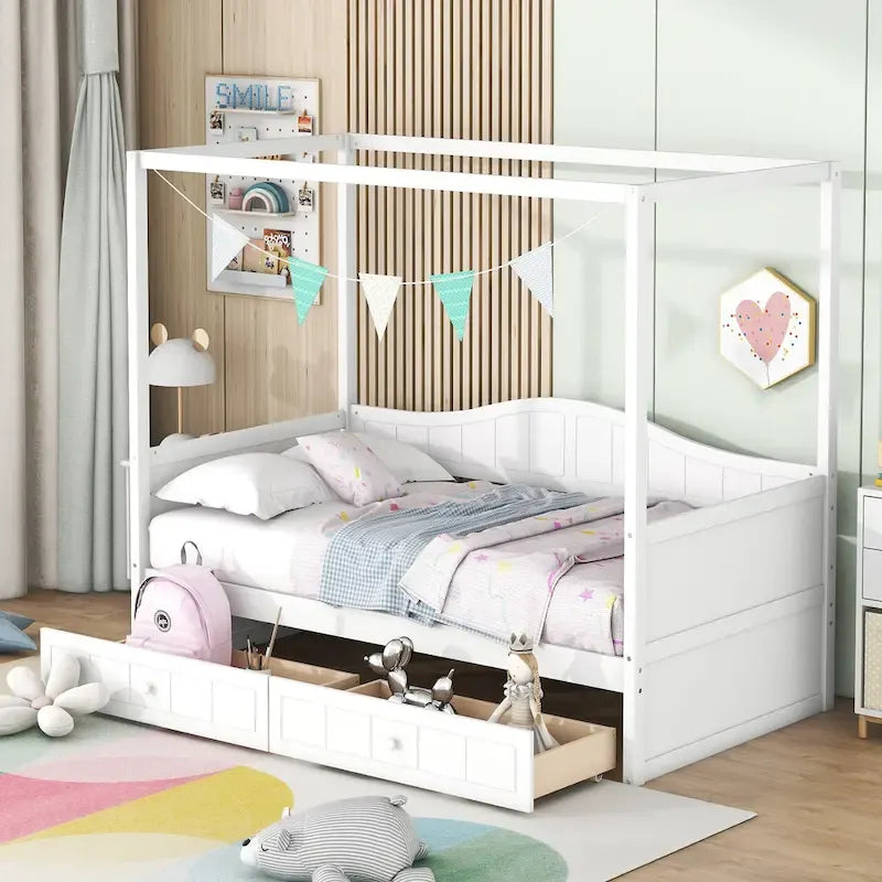 Gray / White Twin Canopy Daybed Frame with 2 Storage Drawers