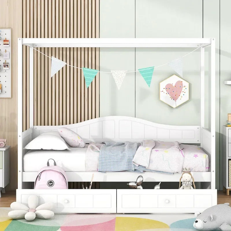 Gray / White Twin Canopy Daybed Frame with 2 Storage Drawers