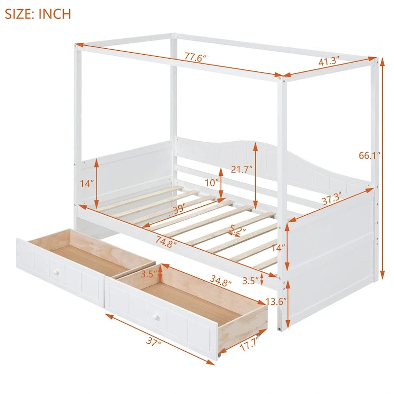 Gray / White Twin Canopy Daybed Frame with 2 Storage Drawers
