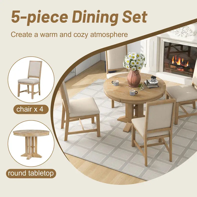 5-Piece Extendable Round Dining Set, Black / Natural Wood Wash, Seats 6
