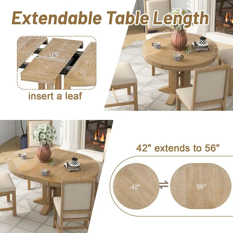 5-Piece Extendable Round Dining Set, Black / Natural Wood Wash, Seats 6