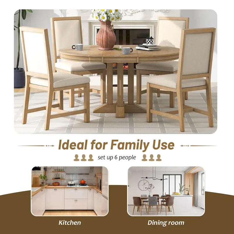 5-Piece Extendable Round Dining Set, Black / Natural Wood Wash, Seats 6