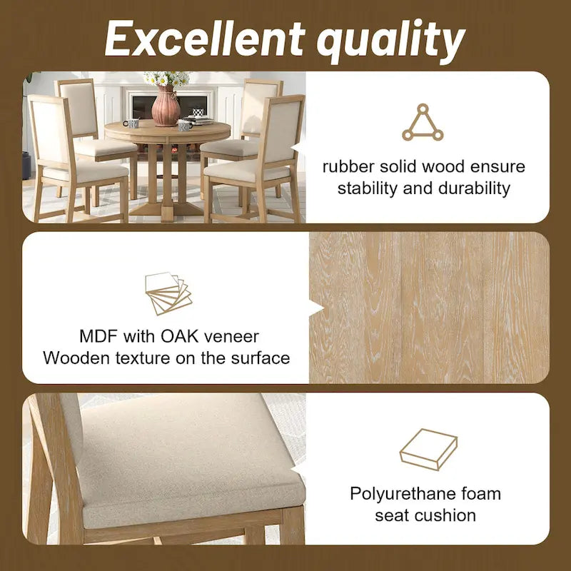 5-Piece Extendable Round Dining Set, Black / Natural Wood Wash, Seats 6
