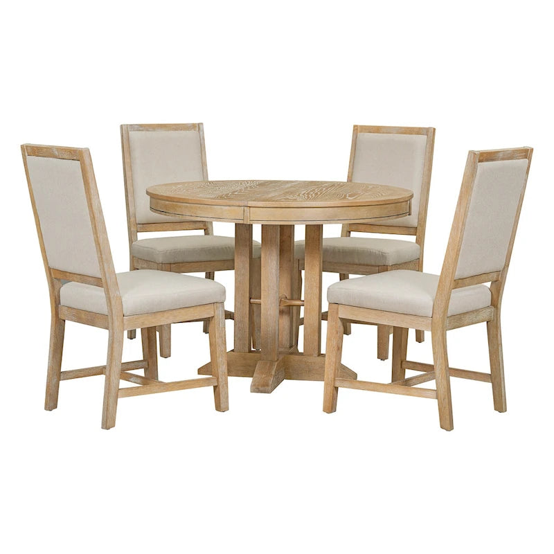 5-Piece Extendable Round Dining Set, Black / Natural Wood Wash, Seats 6