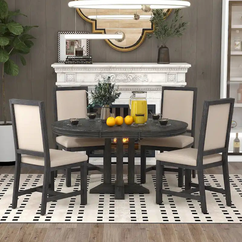 5-Piece Extendable Round Dining Set, Black / Natural Wood Wash, Seats 6