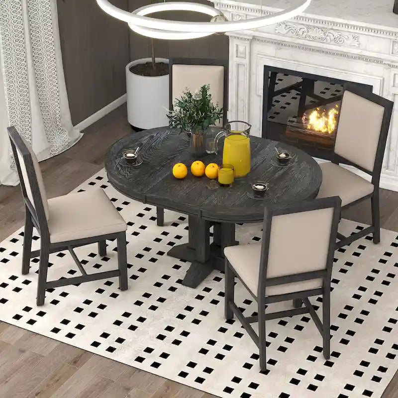 5-Piece Extendable Round Dining Set, Black / Natural Wood Wash, Seats 6