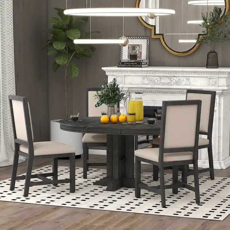 5-Piece Extendable Round Dining Set, Black / Natural Wood Wash, Seats 6