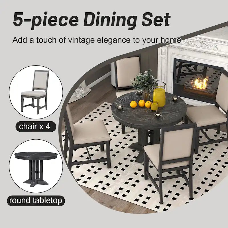 5-Piece Extendable Round Dining Set, Black / Natural Wood Wash, Seats 6