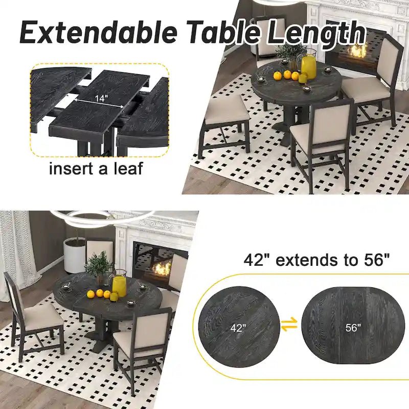 5-Piece Extendable Round Dining Set, Black / Natural Wood Wash, Seats 6