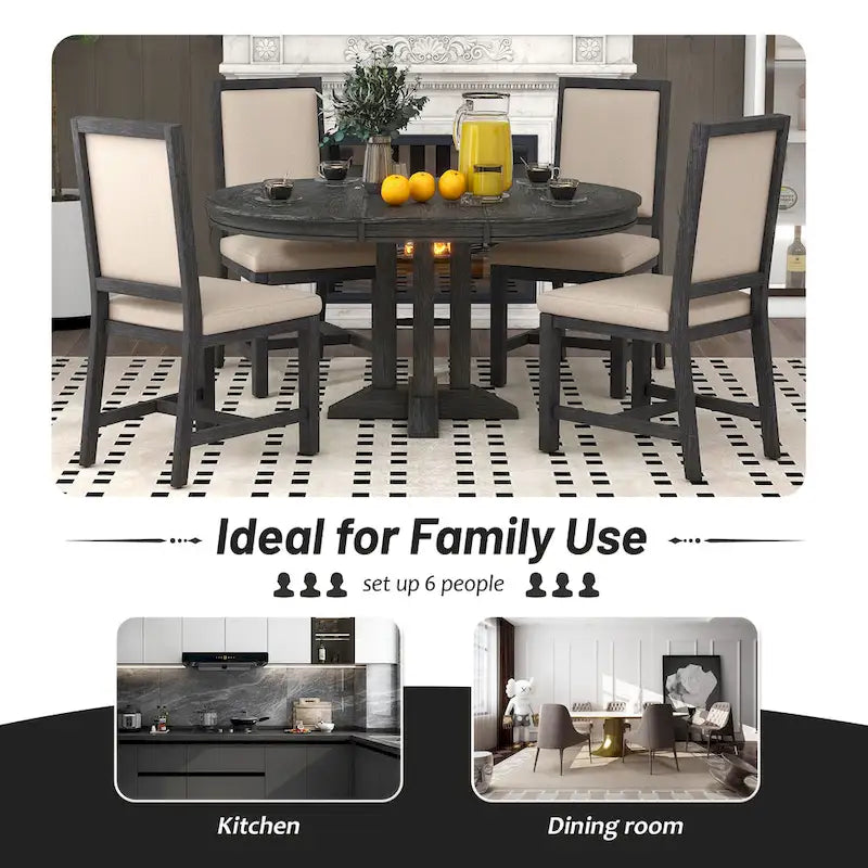 5-Piece Extendable Round Dining Set, Black / Natural Wood Wash, Seats 6
