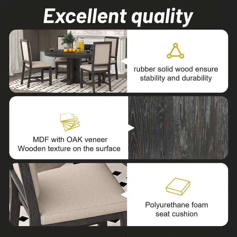 5-Piece Extendable Round Dining Set, Black / Natural Wood Wash, Seats 6