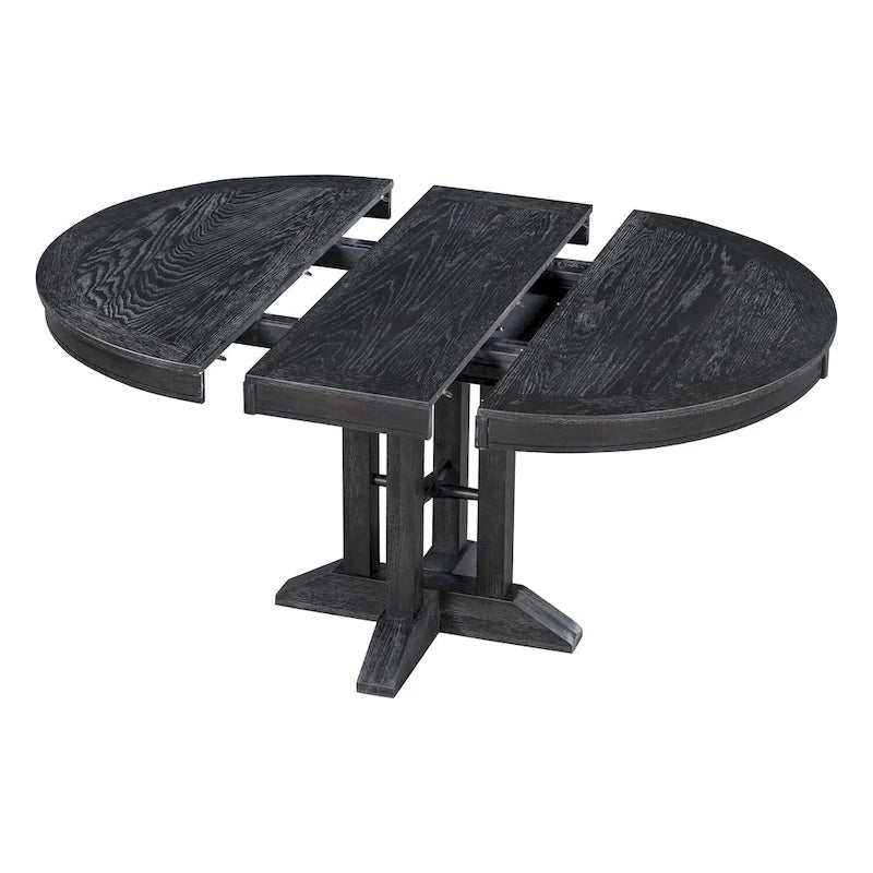 5-Piece Extendable Round Dining Set, Black / Natural Wood Wash, Seats 6