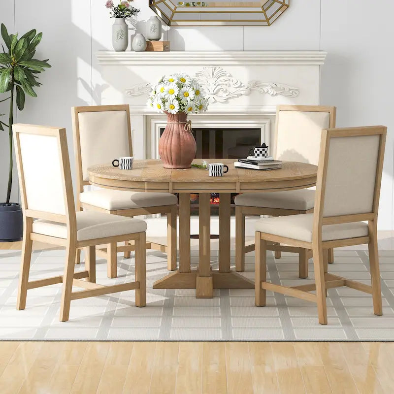5-Piece Extendable Round Dining Set, Black / Natural Wood Wash, Seats 6