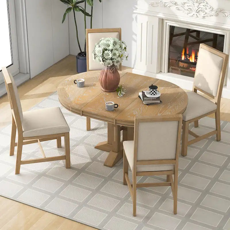 5-Piece Extendable Round Dining Set, Black / Natural Wood Wash, Seats 6