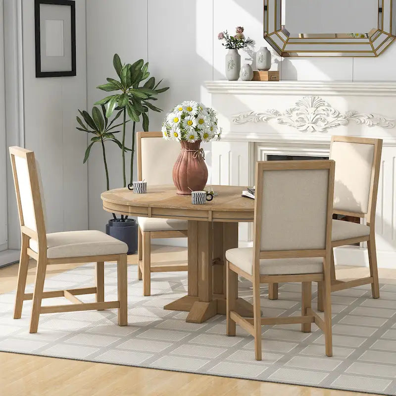 5-Piece Extendable Round Dining Set, Black / Natural Wood Wash, Seats 6