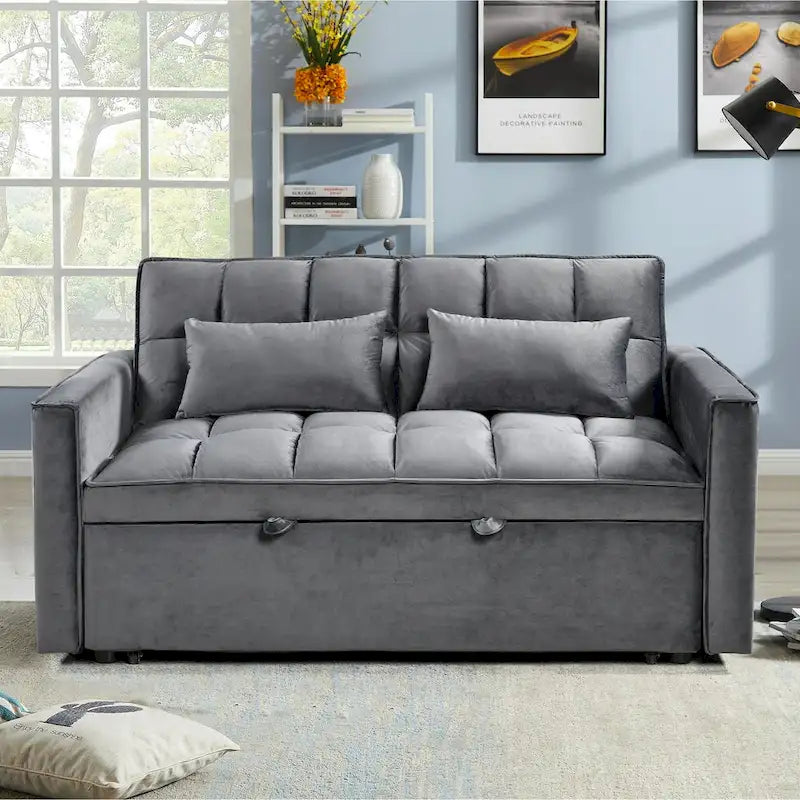 Canapé Futon Moderne en Velours avec Dossier Inclinable et Poches, 2 Places – Gris Foncé / Gris Clair / Bleu / Noir