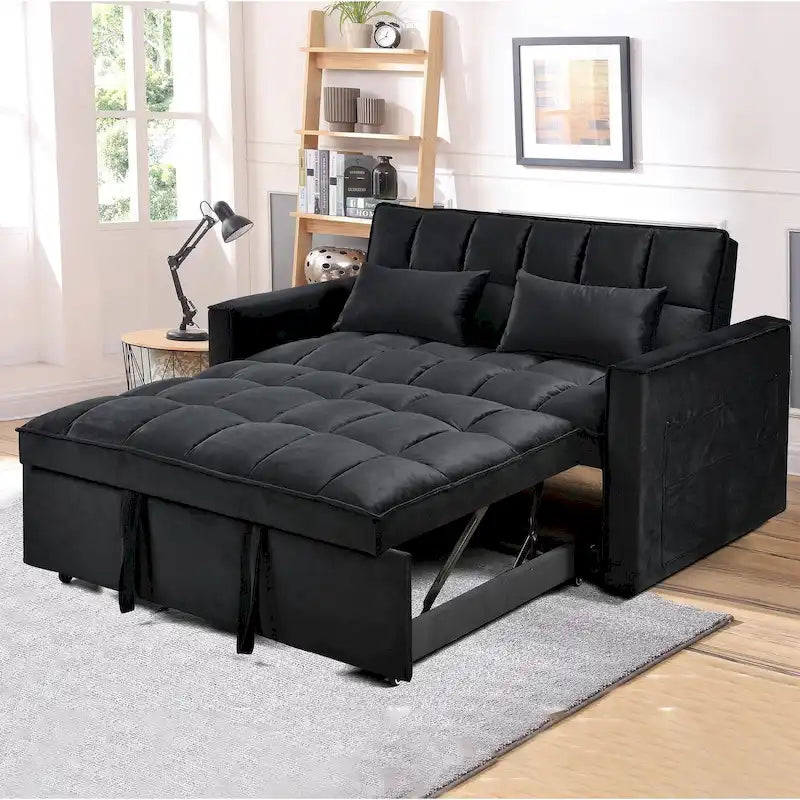 Canapé Futon Moderne en Velours avec Dossier Inclinable et Poches, 2 Places – Gris Foncé / Gris Clair / Bleu / Noir