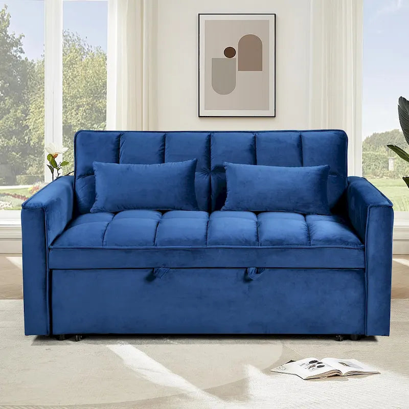 Canapé Futon Moderne en Velours avec Dossier Inclinable et Poches, 2 Places – Gris Foncé / Gris Clair / Bleu / Noir