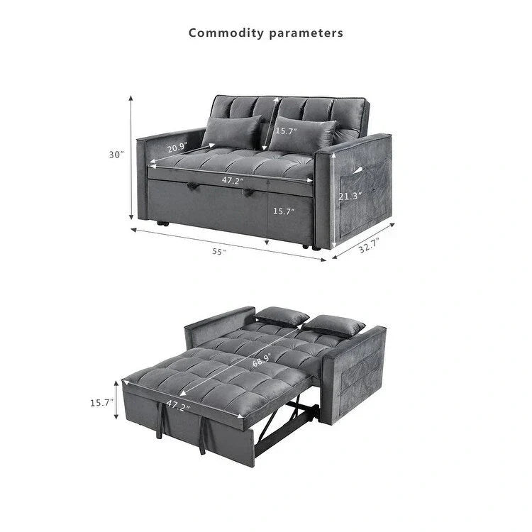 Canapé Futon Moderne en Velours avec Dossier Inclinable et Poches, 2 Places – Gris Foncé / Gris Clair / Bleu / Noir