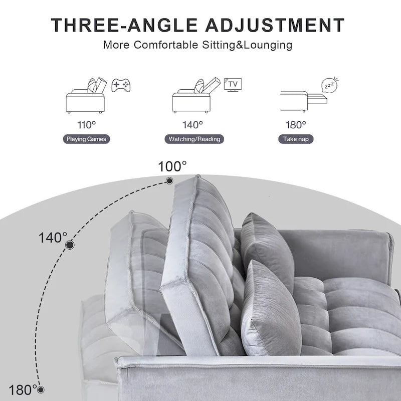 Canapé Futon Moderne en Velours avec Dossier Inclinable et Poches, 2 Places – Gris Foncé / Gris Clair / Bleu / Noir
