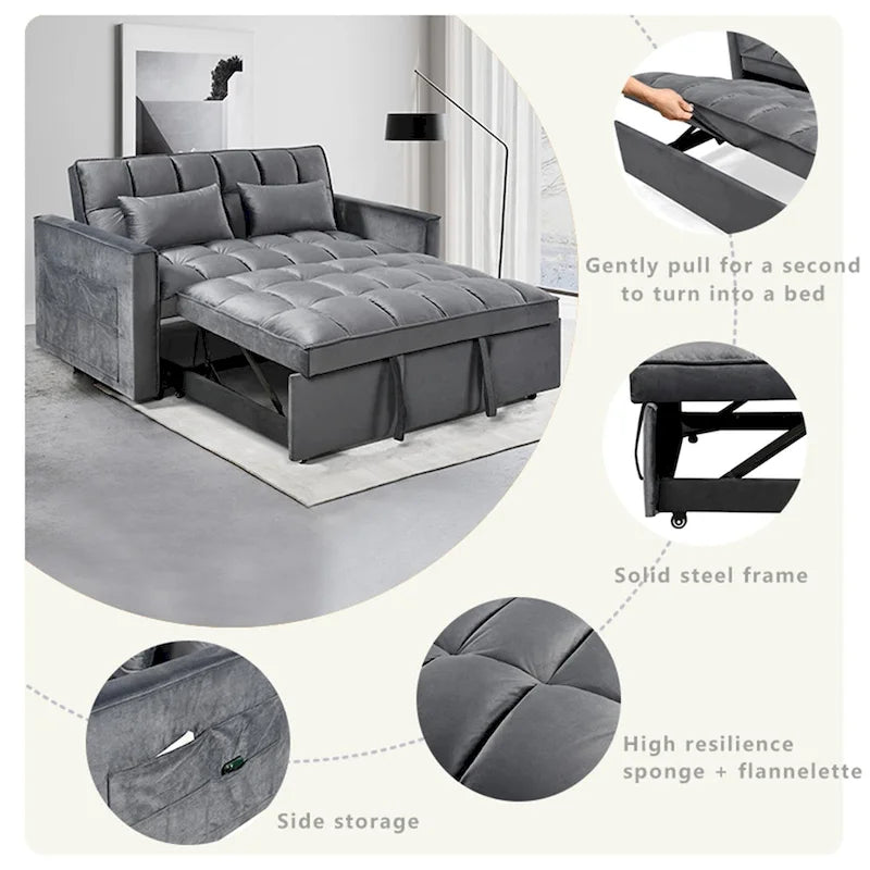 Canapé Futon Moderne en Velours avec Dossier Inclinable et Poches, 2 Places – Gris Foncé / Gris Clair / Bleu / Noir