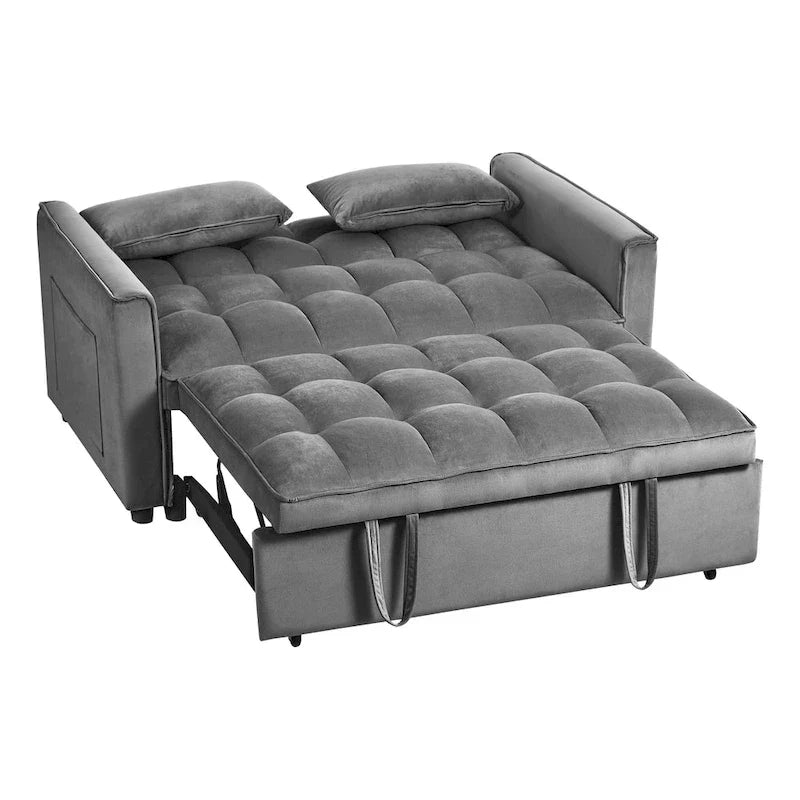 Canapé Futon Moderne en Velours avec Dossier Inclinable et Poches, 2 Places – Gris Foncé / Gris Clair / Bleu / Noir
