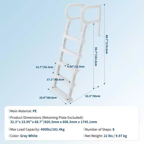 Échelle de piscine robuste à 5 marches avec double main courante Marches antidérapantes en PE résistant Capacité de 180 kg Convient aux piscines enterrées et hors sol de 122 à 137 cm