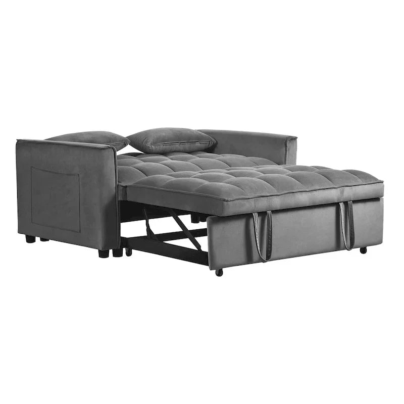 Canapé Futon Moderne en Velours avec Dossier Inclinable et Poches, 2 Places – Gris Foncé / Gris Clair / Bleu / Noir