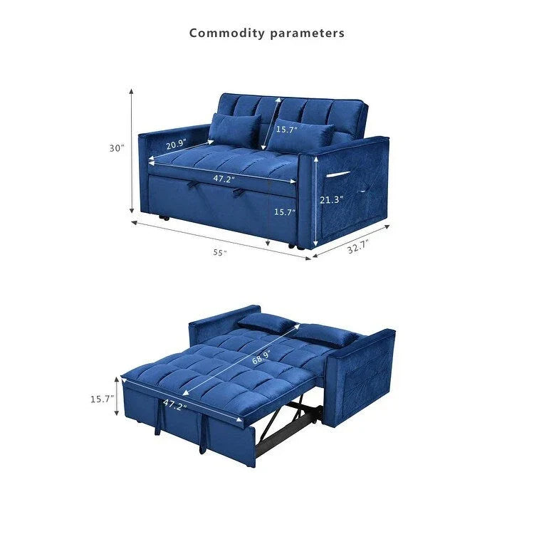 Canapé Futon Moderne en Velours avec Dossier Inclinable et Poches, 2 Places – Gris Foncé / Gris Clair / Bleu / Noir