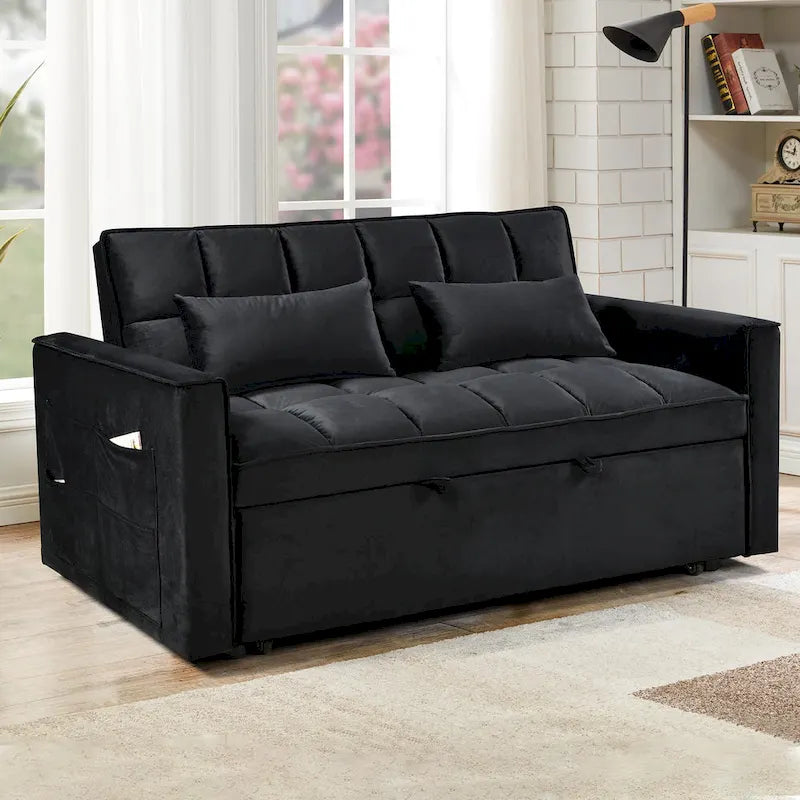 Canapé Futon Moderne en Velours avec Dossier Inclinable et Poches, 2 Places – Gris Foncé / Gris Clair / Bleu / Noir