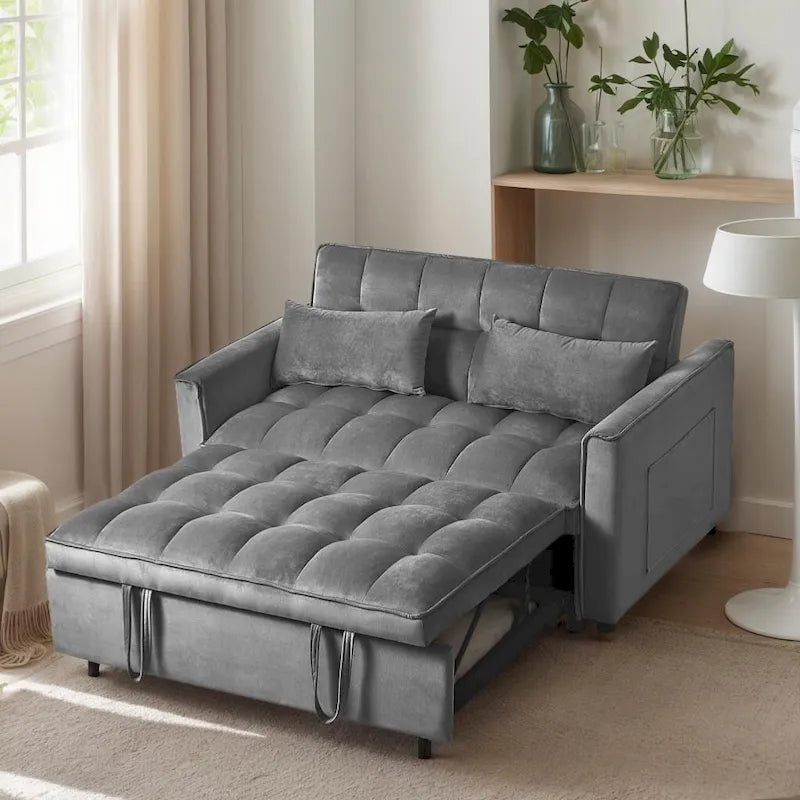 Canapé Futon Moderne en Velours avec Dossier Inclinable et Poches, 2 Places – Gris Foncé / Gris Clair / Bleu / Noir