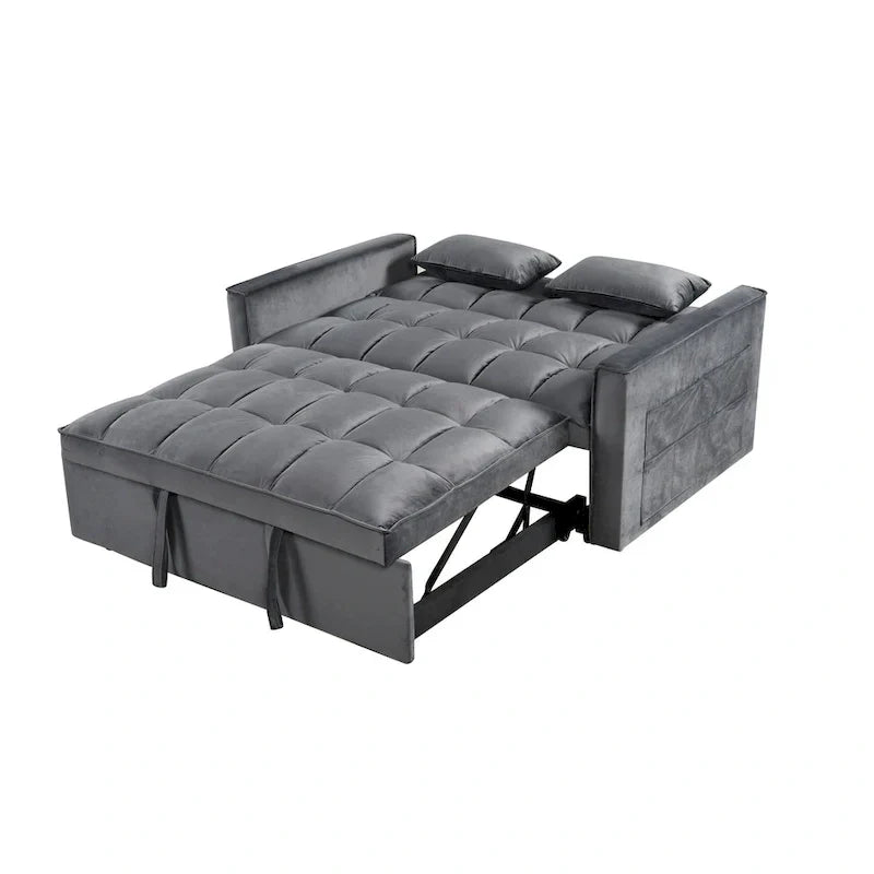 Canapé Futon Moderne en Velours avec Dossier Inclinable et Poches, 2 Places – Gris Foncé / Gris Clair / Bleu / Noir