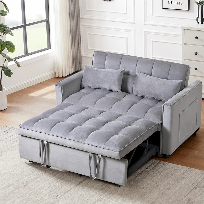 Canapé Futon Moderne en Velours avec Dossier Inclinable et Poches, 2 Places – Gris Foncé / Gris Clair / Bleu / Noir