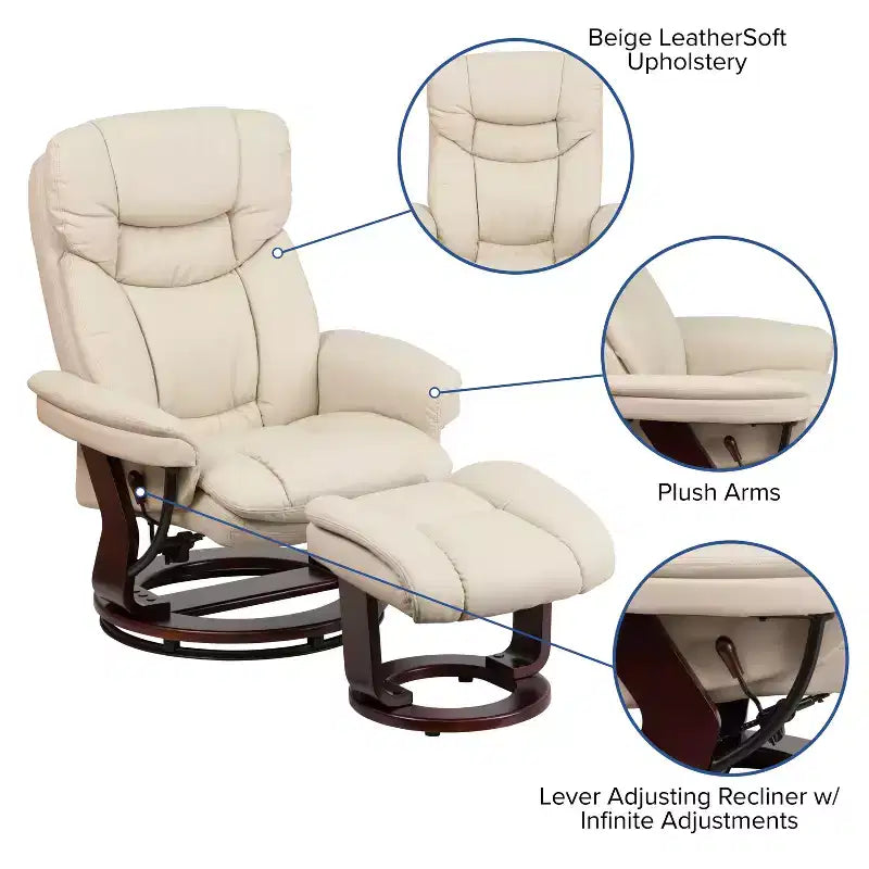 Flash Furniture Fauteuil inclinable contemporain multipositions et ottoman incurvé avec base pivotante en bois d'acajou