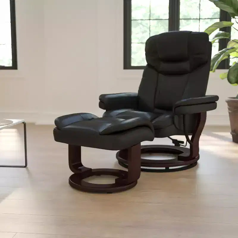 Flash Furniture Fauteuil inclinable contemporain multipositions et ottoman incurvé avec base pivotante en bois d'acajou