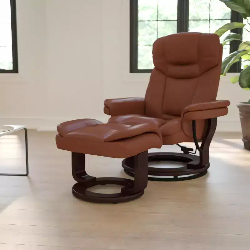 Flash Furniture Fauteuil inclinable contemporain multipositions et ottoman incurvé avec base pivotante en bois d'acajou